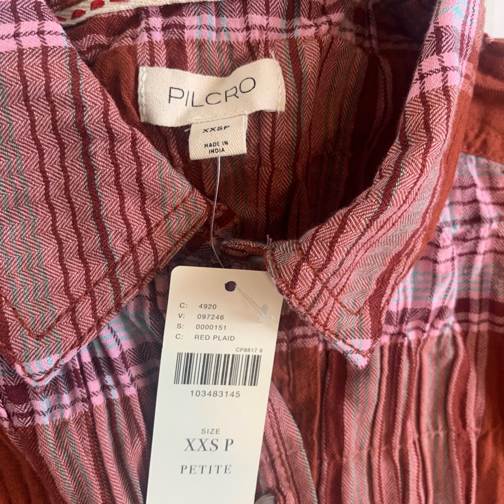 ANTHROPOLOGIE-Pilcro The Bobbie Short-Sleeve Fitted Waist Plaid BlouseXXS Petite - Picture 6 of 7